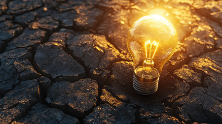 A light bulb shines brightly on cracked ground, representing hope, innovation, and creativity in challenging environments. This image symbolizes resilience and sustainability.の素材
