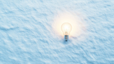 A light bulb glows softly against a backdrop of untouched snow, illustrating the contrast between warmth and cold, perfect for themes of creativity and inspiration.の素材