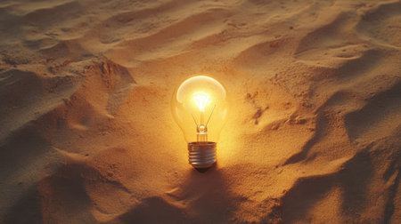 A glowing light bulb rests gently on a sandy surface, illustrating the blend of natural elements and artificial light in a captivating and tranquil scene.の素材