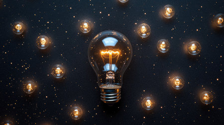 A creative composition featuring a bright, glass light bulb surrounded by smaller glowing light orbs against a dark background, emphasizing ideas and innovation.の素材