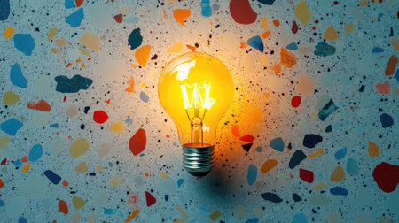 A glowing vintage light bulb illuminates a textured wall filled with colorful patterns, creating a warm and inviting atmosphere for contemporary interior design.の素材