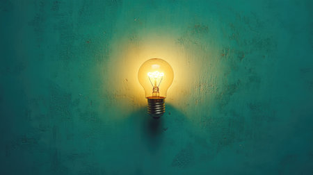 A glowing light bulb mounted on a turquoise wall creates a captivating ambiance, showcasing the beauty of design and illuminating the simplicity of modern aesthetics.の素材