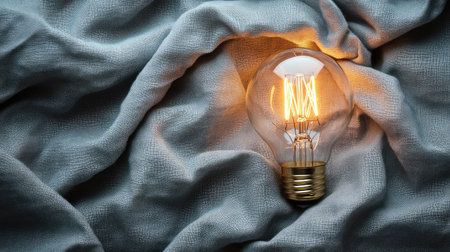 A vintage light bulb emits a warm glow, resting atop soft textured fabric. This serene composition evokes cozy feelings, ideal for design projects or creative inspirations.の素材