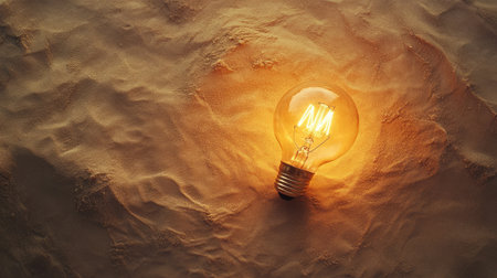 A vintage light bulb emits a soft, warm glow against an abstract sand background. This minimalist composition symbolizes creativity and inspiration in a serene setting.の素材