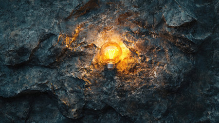 A beautifully illuminated light bulb set against a rugged rock surface, creating a stunning visual contrast that evokes a sense of warmth and unique charm.の素材