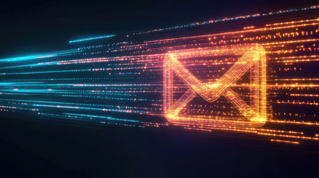 This captivating image showcases a glowing email icon surrounded by dynamic light trails, symbolizing fast digital communication in a modern, high-tech environment.の素材
