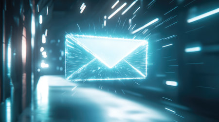 A stunning visual of a glowing mail symbol, illustrating the concept of instant communication in a modern, high-tech environment filled with dynamic light effects.の素材