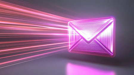 A vibrant depiction of an email envelope surrounded by dynamic light trails, symbolizing fast communication and modern technology in a digital space.の素材