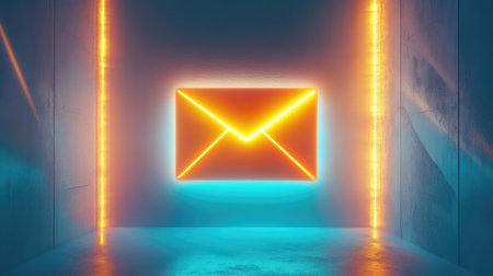 A vivid neon envelope glows in a futuristic setting, symbolizing digital communication and connectivity. The bright colors and unique design captivate attention in a modern ambiance.の素材