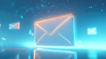 A captivating neon envelope icon floats amid glowing email symbols, representing modern digital communication and the evolution of messaging in a vibrant, futuristic setting.の素材