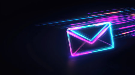 A dynamic neon envelope with glowing light trails, illustrating the concept of fast digital communication and modern messaging in vibrant colors against a dark background.の素材