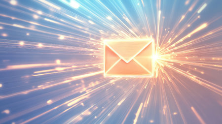 A vibrant illustration featuring an email envelope glowing amid radiant sparks and light rays, symbolizing modern digital communication and fast connectivity.の素材