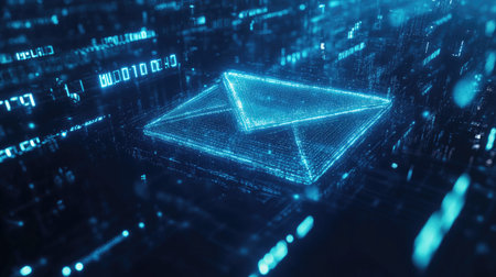 Explore a captivating digital email symbol set against a backdrop of glowing blue binary data streams, representing modern communication and technology in a futuristic landscape.の素材