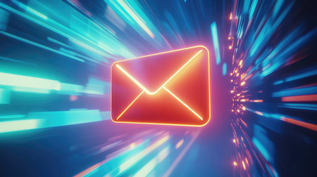 This dynamic image features a glowing email icon set against a vibrant, high-speed background, symbolizing the power of digital communication and connectivity in modern life.の素材