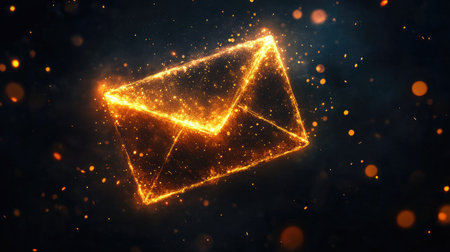 This stunning image features a glowing email icon against a dark background filled with bright particles, symbolizing digital communication and the power of instant messaging.の素材
