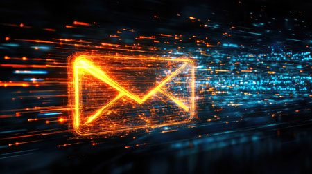 Vibrant abstract illustration of an email symbol, surrounded by glowing light trails, representing the essence of digital communication and rapid information exchange in today's technology-driven world.の素材