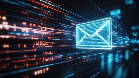 Futuristic digital mail concept featuring a glowing envelope and vibrant data streams, symbolizing advanced communication and the rapid exchange of information in a tech-driven world.の素材