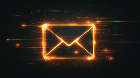 A glowing neon email icon on a dark background, representing modern communication and digital interaction, featuring dynamic motion effects for added impact.の素材