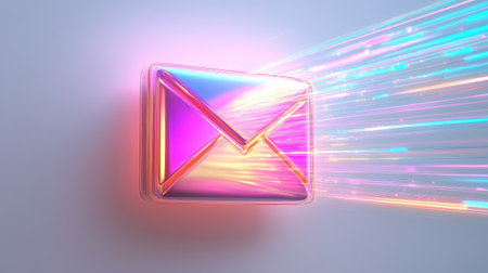 A stunning digital representation of an envelope illuminated with colorful light trails, symbolizing modern email communication and vibrant digital interaction in a sleek design.の素材