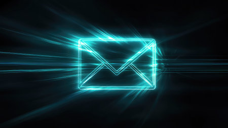 A vibrant neon email icon illuminated with light trails set against a sleek black background, symbolizing modern communication and digital correspondence in a futuristic style.の素材
