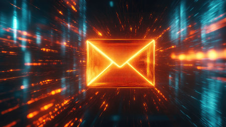A striking futuristic email icon in neon colors, depicting high-speed data transfer and digital communication, creating a sense of innovation and advanced technology.の素材