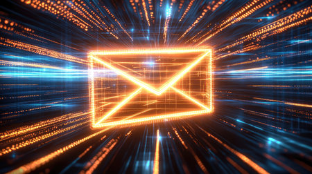 This abstract image illustrates a glowing envelope icon representing email communication, set in a dynamic digital environment filled with vibrant light streams.の素材