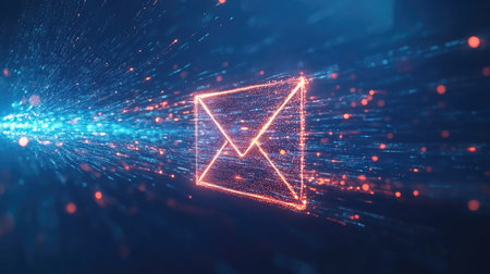 An eye-catching digital artwork featuring an email icon illuminated by vivid light trails and particles, representing the essence of modern digital communication and connectivity.の素材
