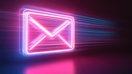 A striking neon email icon surrounded by dynamic light trails symbolizes quick communication and modern technology in an abstract digital environment.の素材