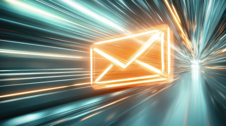 This vibrant image showcases an illuminated email icon set against a backdrop of dynamic light bursts, representing speed and connectivity in contemporary digital communication landscapes.の素材