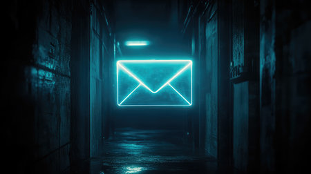 This captivating image features a glowing neon email icon in a dark corridor, emphasizing the intersection of technology and communication in a modern urban environment.の素材