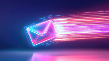 Vibrant and dynamic representation of an email envelope in neon colors, showcasing speed and technology in digital communication, ideal for marketing visuals.の素材
