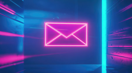 A striking neon email icon radiates vibrant blue and pink hues in a contemporary setting, symbolizing digital communication and modern connectivity.の素材