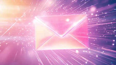 A colorful digital envelope emits light trails, capturing the essence of fast communication in a vibrant abstract setting, perfect for modern messaging themes.の素材