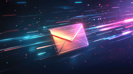 A colorful and dynamic illustration of a glowing envelope amidst vibrant light trails, representing fast and effective digital communication and modern email technology.の素材