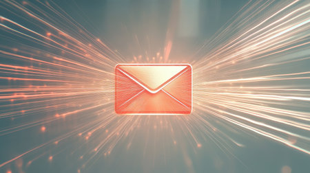 Eye-catching digital representation of an envelope emitting radiant light beams, symbolizing fast and engaging email communication in a modern context.の素材