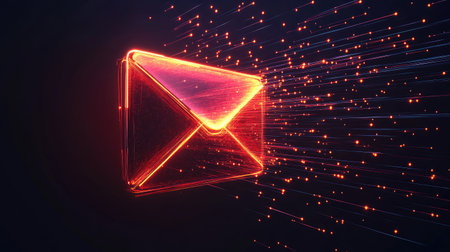 A vibrant and futuristic depiction of a glowing envelope, illustrating the concept of rapid digital communication and the dynamic nature of technology in a captivating dark setting.の素材