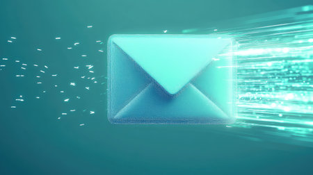 This digital illustration captures the essence of fast electronic mail delivery, featuring an envelope with glowing light trails against a vibrant background, symbolizing modern communication.の素材