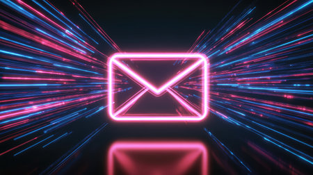 A striking neon email icon radiates vibrant pink and blue light trails, representing fast communication and digital connectivity. Ideal for tech-themed content.の素材