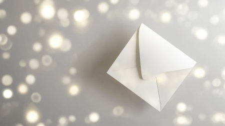 A minimalist white envelope rests against a soft focus backdrop adorned with beautiful bokeh lights, perfect for invitations, greeting cards, or special announcements.の素材
