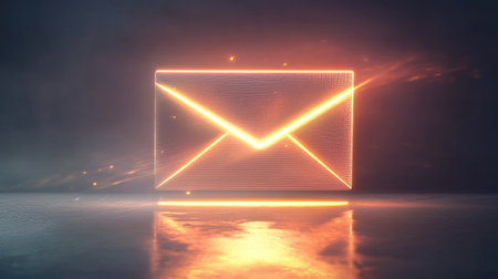 A striking neon envelope glimmers with dynamic light effects, symbolizing email communication in the modern digital landscape, perfect for technology and messaging themes.の素材