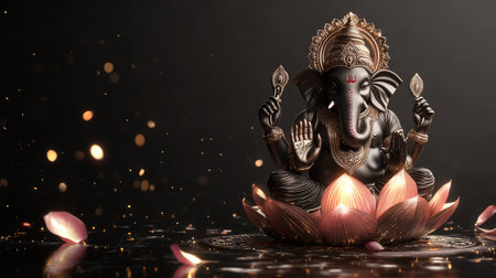 This stunning image features a black statue of Lord Ganesha on a lotus, surrounded by petals and golden lights, evoking a sense of peace and spirituality.の素材