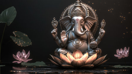 Explore the radiant beauty of a silver Ganesh statue surrounded by lotus flowers, embodying tranquility and spirituality in a serene artistic setting.の素材