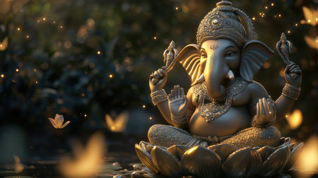 A stunning golden statue of Ganesh seated in a lotus, exuding serenity and spirituality, illuminated by soft glimmers, ideal for meditation and peaceful decor in any space.の素材