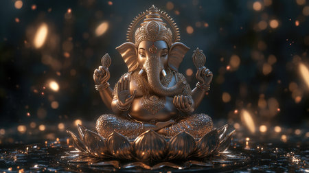 This stunning golden Ganesha statue radiates tranquility and spirituality, set against a magical backdrop filled with ethereal light and sparkles, ideal for various themes.の素材