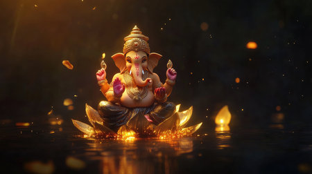 This stunning image features Lord Ganesha seated gracefully on a lotus, illuminated by floating candles, evoking a sense of peace and spirituality in a tranquil environment.の素材