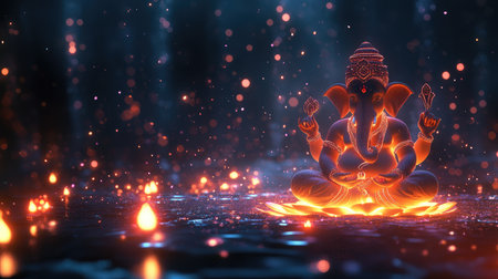 This captivating digital artwork features Lord Ganesha in a serene pose, surrounded by glowing lights and reflections, creating a tranquil and mystical ambiance.の素材