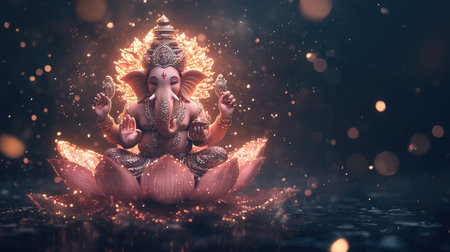 Captivating depiction of Ganesha, the Hindu god of wisdom and prosperity, seated gracefully on a lotus flower, illuminated by radiant light and sparkling particles.の素材
