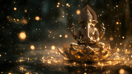 Experience the serene beauty of a golden Ganesha idol seated on a lotus, illuminated by gentle glowing particles in a tranquil and spiritual setting.の素材