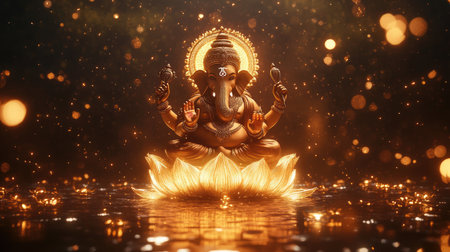 A stunning depiction of Lord Ganesha amidst shimmering lights and a serene lotus, capturing the essence of wisdom, prosperity, and divine blessings in a tranquil setting.の素材