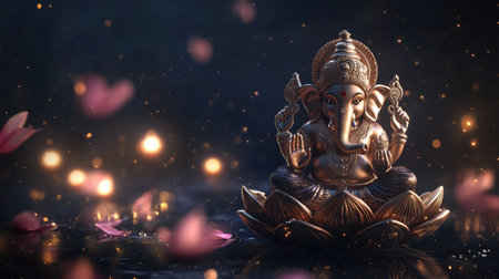 A beautifully crafted Ganesh statue radiates serenity, surrounded by delicate petals and soft light, embodying prosperity, wisdom, and tranquility in a mystical environment.の素材